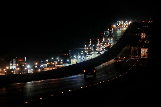 Heavy traffic flows northbound on Interstate 75 as people evacuate the Tampa Bay area ahead of Hurricane Milton's arrival Oct. 7, 2024, in Ocala, Florida.