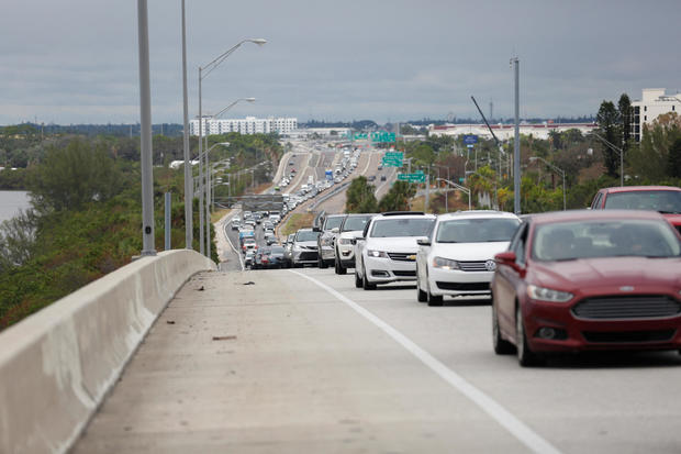 Heavy traffic begins to back up on Interstate 275 South as residents evacuate St. Petersburg, Florida 