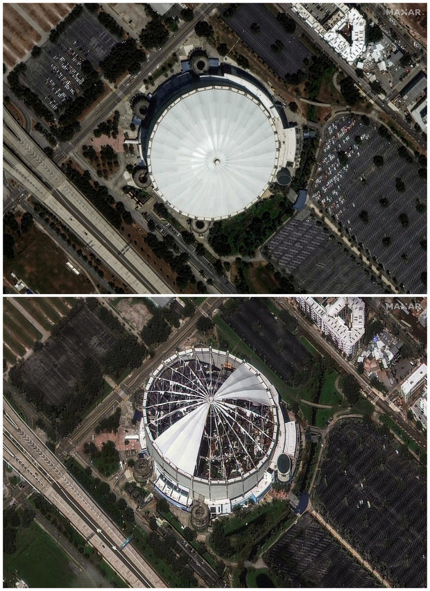 Combination picture of the Tropicana Field before and after the passing of Hurricane Milton, in St. Petersburg, Florida 