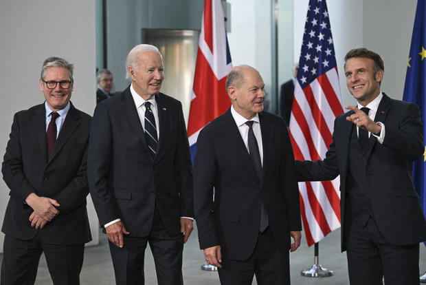 President Biden meets with French President Emmanuel Macron, British Prime Minister Keir Starmer and German Chancellor Olaf Scholz in Berlin on Oct. 18, 2024. 