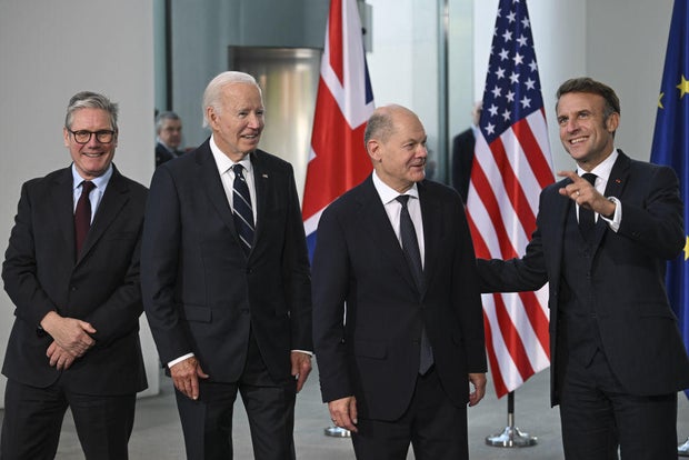 President Biden meets with French President Emmanuel Macron, British Prime Minister Keir Starmer and German Chancellor Olaf Scholz in Berlin on Oct. 18, 2024.