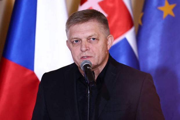 Slovak Prime Minister Robert Fico attends a press conference at the town hall in in Wroclaw, Poland, on Sept. 19, 2024.