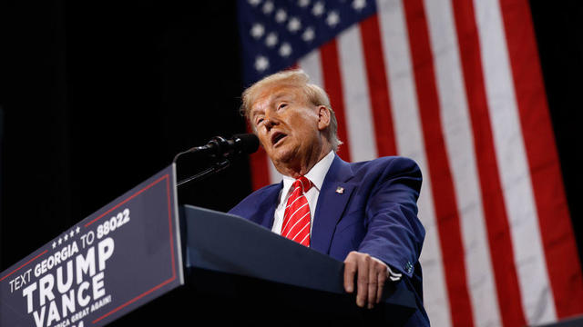 Former President Donald Trump speaks during a campaign rally at the Cobb Energy Performing Arts Centre on Oct. 15, 2024, in Atlanta, Georgia. 