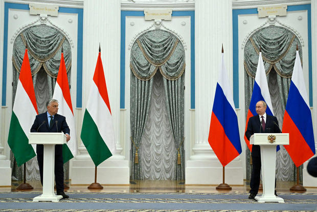 Russian President Vladimir Putin and Hungarian Prime Minister Viktor Orbán deliver a joint press statement following their talks at the Kremlin in Moscow on July 5, 2024. 