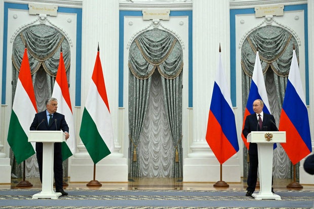 Russian President Vladimir Putin and Hungarian Prime Minister Viktor Orbán deliver a joint press statement following their talks at the Kremlin in Moscow on July 5, 2024.