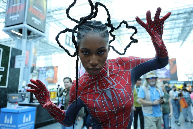 A cosplayer dressed as Spider-Man poses during New York Comic Con at Jacob Javits Center on October 18, 2024 in New York City.