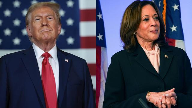 A photo of Donald Trump and a photo of Kamala Harris, both are standing in front of American flags 