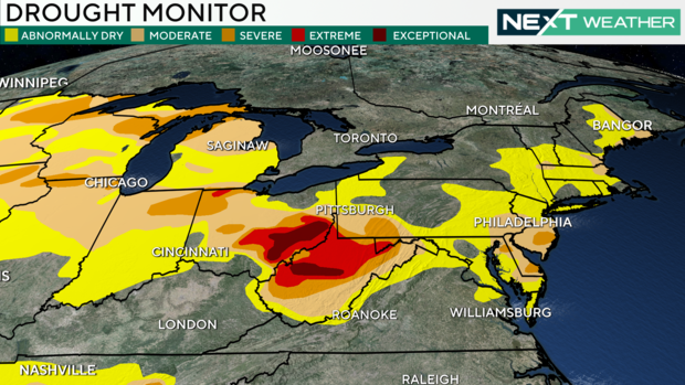 A weather map showing that the Philadelphia region is under abnormally dry conditions or moderate drought 