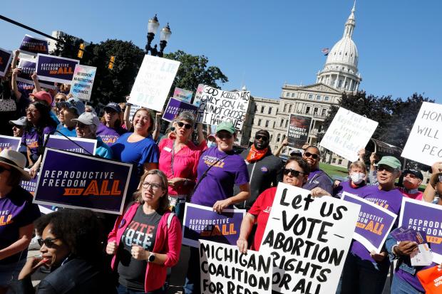 Abortion rights supporters gather outside the Michigan State Capitol in Lansing, Michigan, on Sept. 7, 2022. 