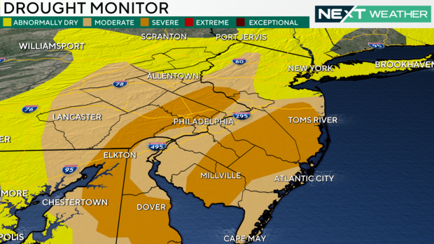 A weather map showing that the Philadelphia is in a moderate drought, with some areas in severe drought 