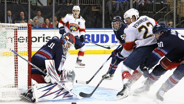 Igor Shesterkin #31 of the New York Rangers makes a first period save on Carter Verhaeghe #23 of the Florida Panthers at Madison Square Garden on October 24, 2024 in New York City. 