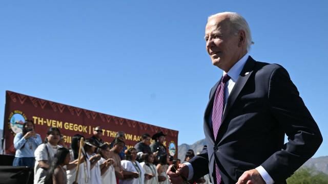 President Biden leaves the stage after speaking at the Gila River Crossing School in the Gila River Indian Community, in Laveen Village, near Phoenix, Arizona, on Oct. 25, 2024. 