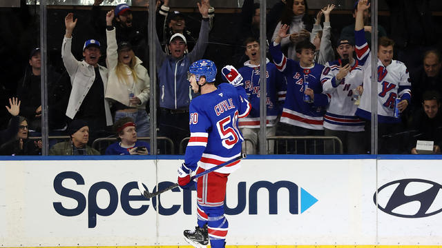 Will Cuylle #50 of the New York Rangers reacts after scoring a goal during the third period against the Anaheim Ducks at Madison Square Garden on October 26, 2024 in New York City. 