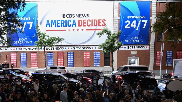 Trump and Harris supporters gather outside of the CBS Studios in New York during Vice Presidential debate 