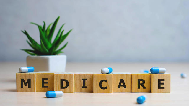 MEDICARE word made with building blocks, medical concept background 