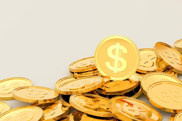Concept of US dollars and gold coins,3D rendering
