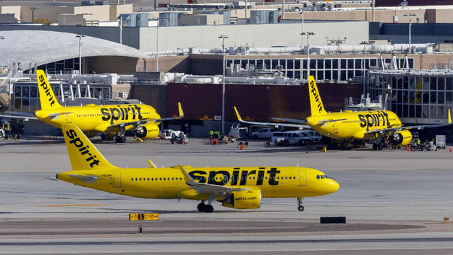 Spirit Airlines commercial airliners are seen at Las Vegas International Airport in Las Vegas, Nevada, Feb. 8, 2024. 