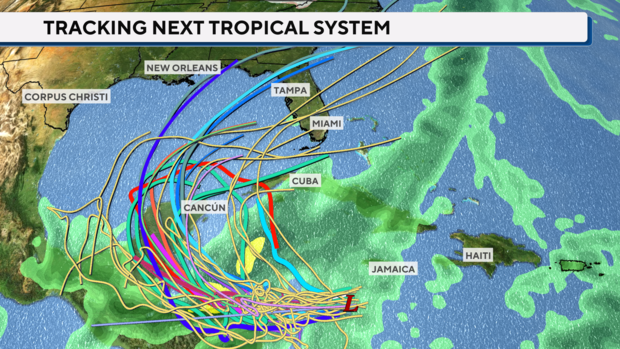 Map of potential paths of tropical weather over Gulf of Mexico and Florida 