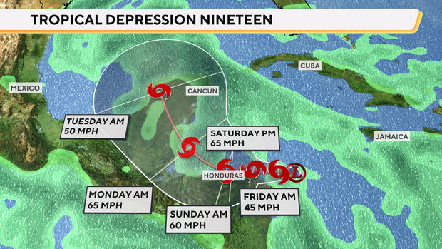 O mapa mostra a previsão do tempo tropical