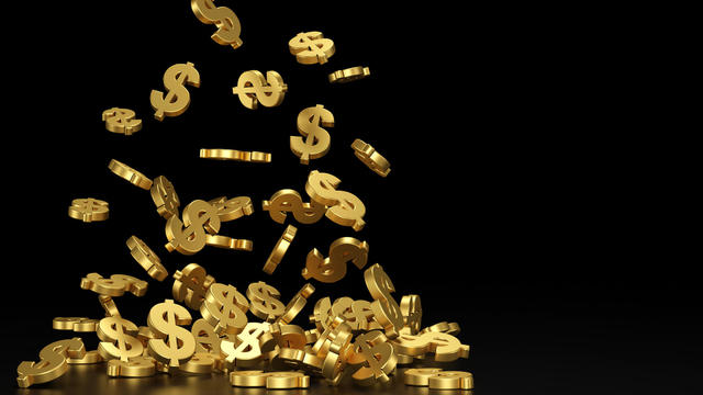 Falling golden dollar sign. 3D rendering. 