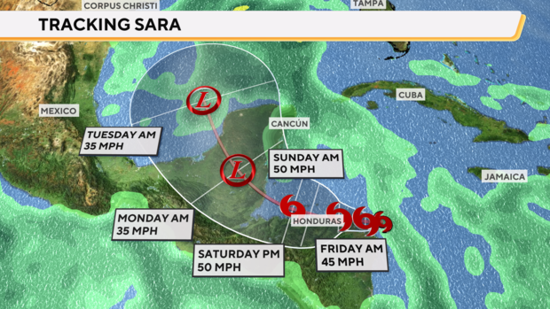 Map shows the forecast path for Tropical Storm Sara 