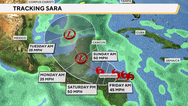 Map shows the forecast path for Tropical Storm Sarah