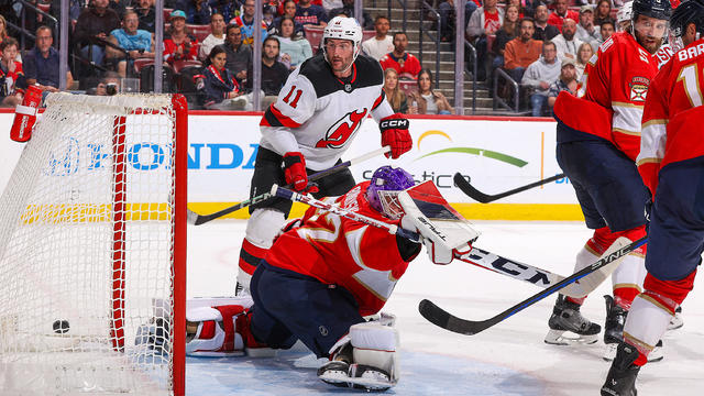 Stefan Noesen #11 watches as the shot by Jesper Bratt #63 of the New Jersey Devils scores a first period goal past goaltender Sergei Bobrovsky #72 of the Florida Panthers at the Amerant Bank Arena on November 14, 2024 in Sunrise, Florida. 