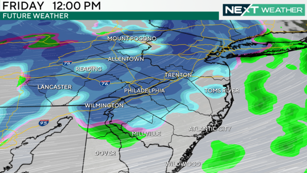 A weather map showing precipitation is expected on Friday 