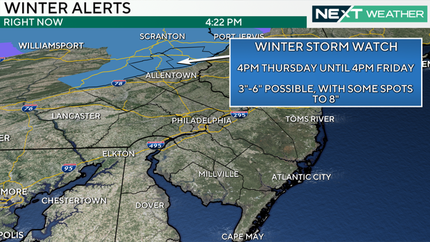 A weather map showing that there's a winter storm watch in effect from 4 p.m. Thursday through 4 p.m. Friday in regions northwest of Allentown, 3 to 6 inches of snow possible 