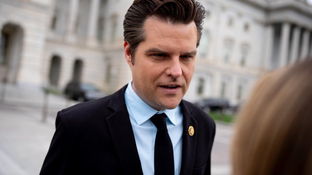Rep. Matt Gaetz speaks to a reporter on Capitol Hill following a vote on April 19, 2024 in Washington, DC.