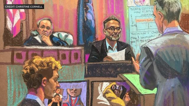 A courtroom sketch of Dr. Satish Chundru on the stand. 