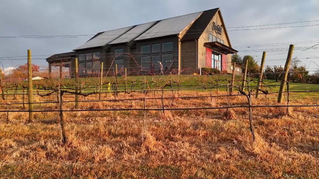 Vineyards are seen in front of a building housing part of Sharrott Winery 