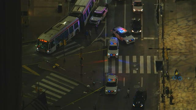 An overhead photo of Market and Juniper streets, where several police cars are on scene 