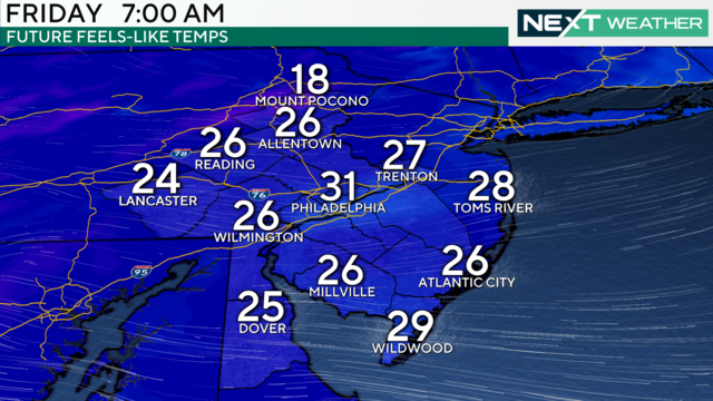 A weather map showing that feels-like temps will range from 18 in the Poconos to 31 in Philadelphia Friday at 7 a.m. 