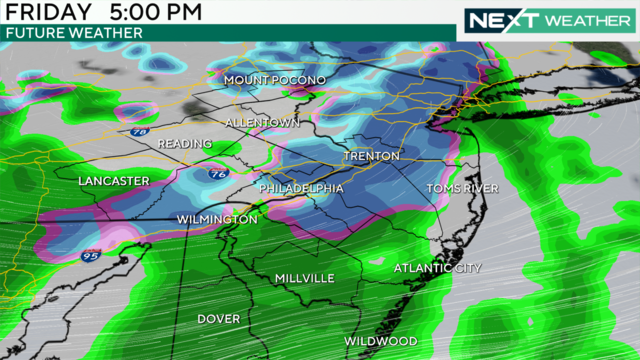 A weather map showing that feels-like temps will range from 18 in the Poconos to 31 in Philadelphia Friday at 7 a.m. 