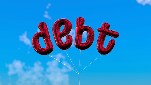 Debt balloon with blue sky , 3D render 