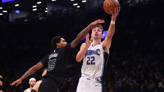 Franz Wagner #22 of the Orlando Magic drives to the basket against Keon Johnson #45 of the Brooklyn Nets during the second half in the Emirates NBA Cup at Barclays Center on November 29, 2024 in New York City. 