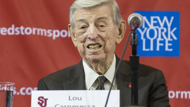 Former St. John's head coach Lou Carnesecca speaks to the media after Rick Pitino was introduced as St. John's new basketball coach during an NCAA college basketball news conference at Madison Square Garden in New York, Tuesday, March 21, 2023. 