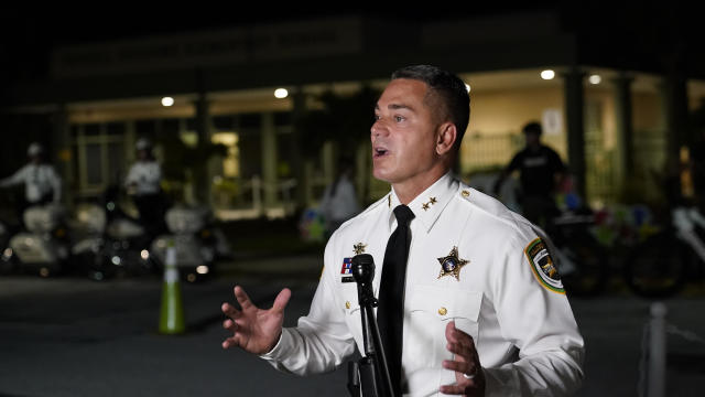 Hillsborough County Sheriff Chad Chronister talks to the media before the first day of school at Sessums Elementary School, Aug. 10, 2021, in Riverview, Florida. 