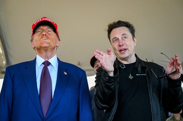 Elon Musk speaks with U.S. President-elect Donald Trump as they watch the launch of the sixth test flight of the SpaceX Starship rocket on November 19, 2024 in Brownsville, Texas.