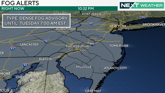 A map showing that there is a dense fog advisory until 7 a.m. on Tuesday across the Philadelphia region 