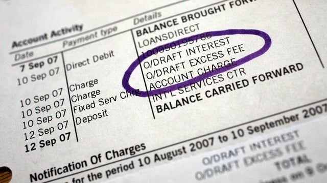A bank statement showing an overdraft excess fee arranged fo 