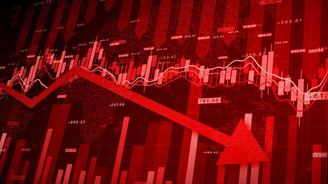 Recession Global Market Crisis Stock Red Price Drop Arrow Down Chart Fall, Stock Market Exchange Analysis Business And Finance, Inflation Deflation Investment Abstract Red Background 3d rendering 
