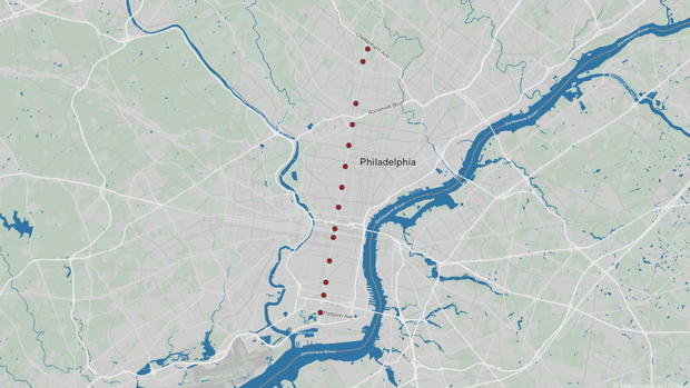 A map showing the 14 locations on Broad Street where speed cameras will be added in 2025. 