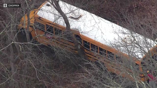 A school bus with some damage to its lefthand side in a wooded area. 