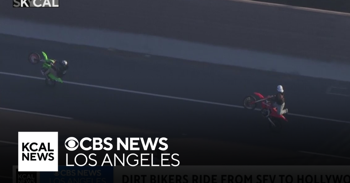 Dirt bikers and ATV riders perform stunts along busy freeways, streets in Hollywood