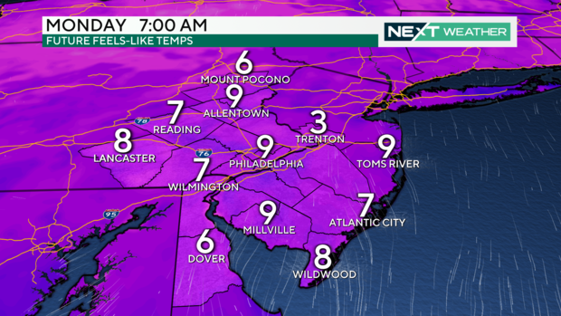 A weather map showing that temperatures Monday at 7 am will be in the single digits, ranging from 3 to 9, across the region 