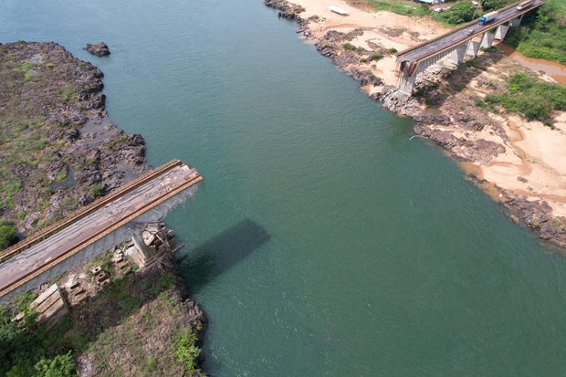 Aerial photo of collapsed bridge in Brazil