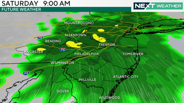 A weather map showing that rain will be falling across the region Saturday at 9 a.m. 