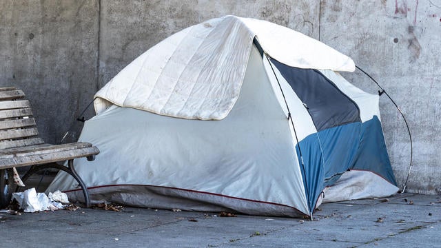 Tent of a homeless person under a bridge in a city 